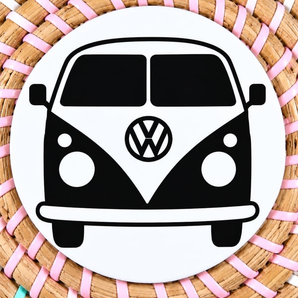 Retro Camper Van Wooden Coaster – Classic Black & White Camper Design – Handmade