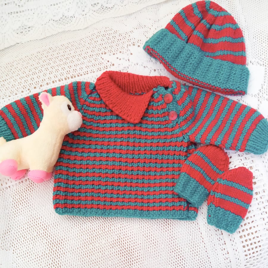3 Piece Baby's Jumper Set Comprising a Jumper Hat and Mittens, New Baby Gift
