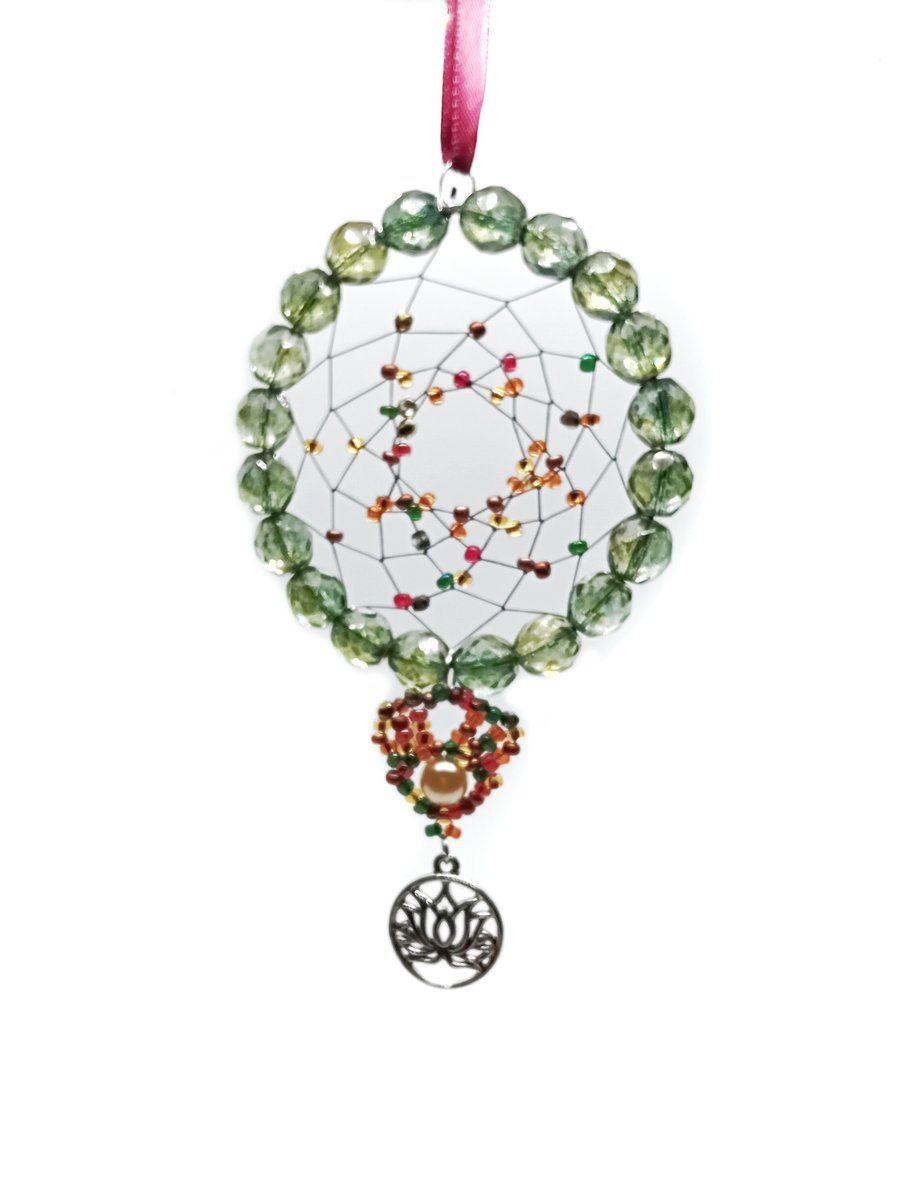Scarlet red green and gold lotus charm glittering dream catcher