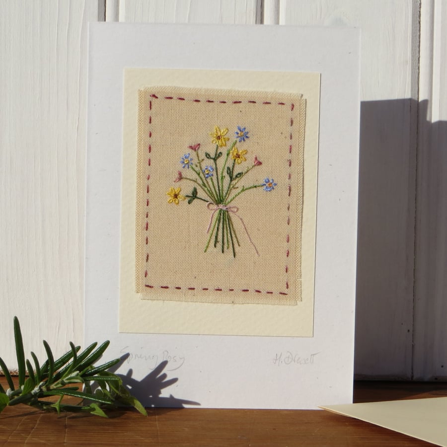 Spring Posy hand stitched freestyle miniature embroidery on card, Mother's Day..