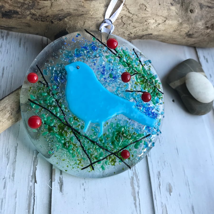 Fused glass bird suncatcher, housewarming gift, stocking filler, blue 