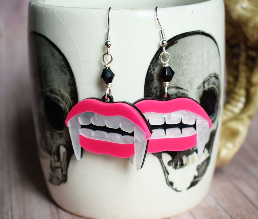 Hot Pink Vampire Fang Earrings