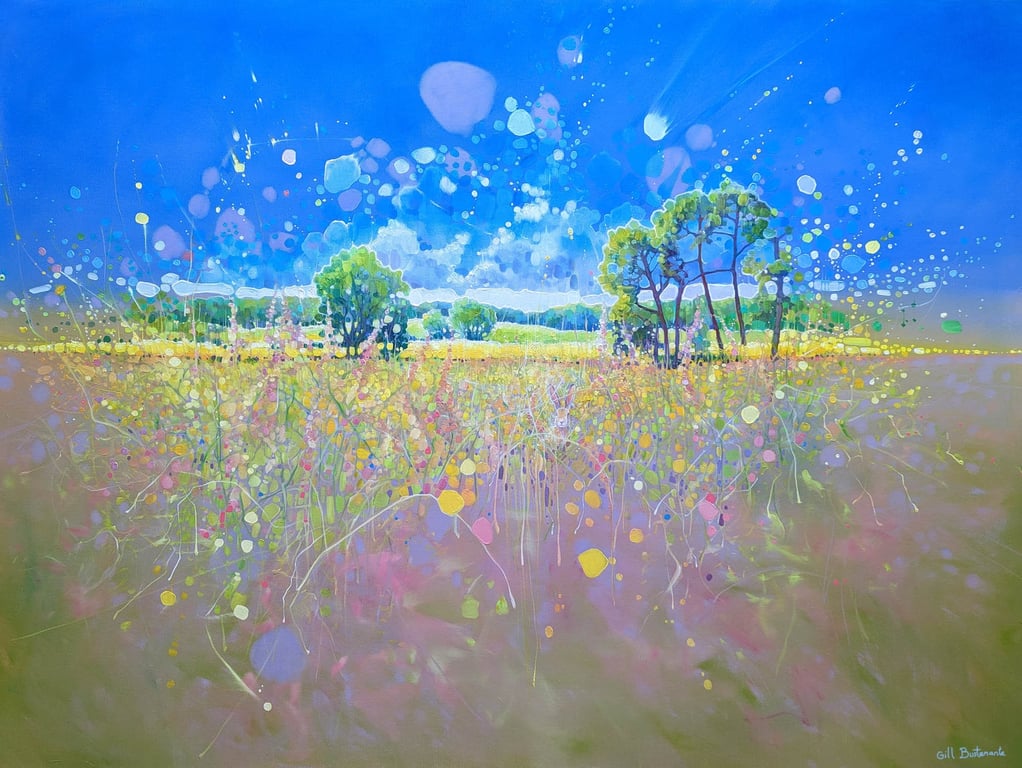Transcendent Springtime is an exuberant semi-abstract landscape with a hare