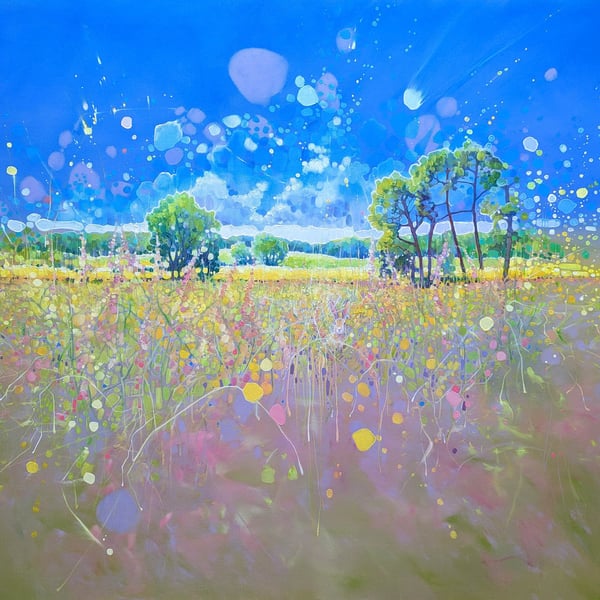 Transcendent Springtime is an exuberant semi-abstract landscape with a hare