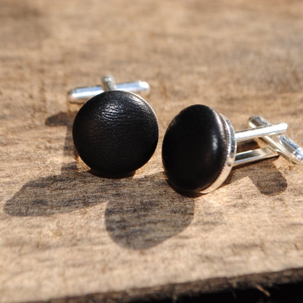 Black Leather Covered Cufflinks - 3rd anniversary gifts