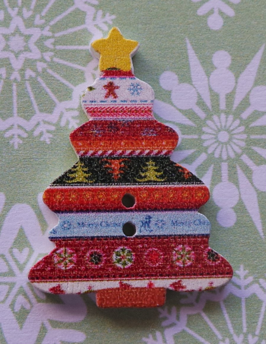 Cute Christmas Wooden Button Brooch Christmas Tree Xmas