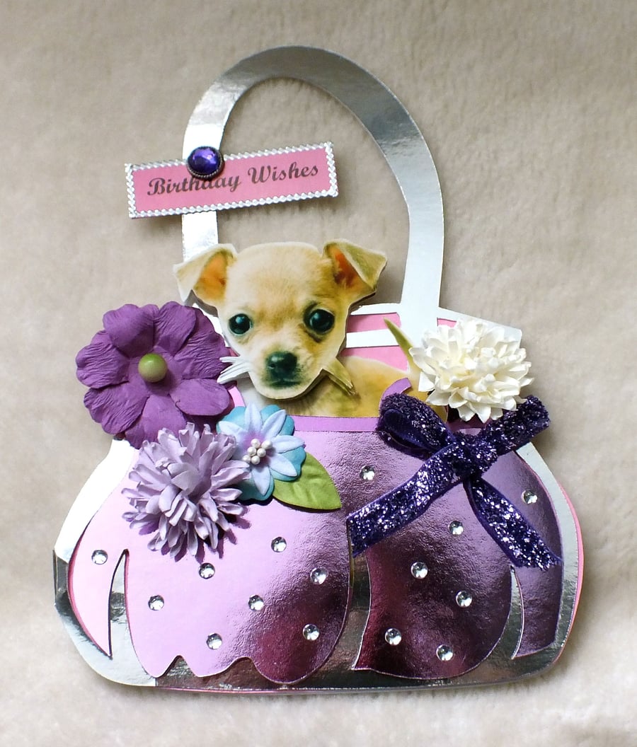 Handmade Cute Birthday Dog-Chihuahua Handbag Card 