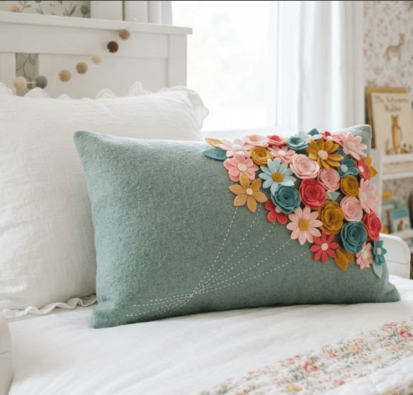 English Garden Felt Cushion - Handmade Flower Bouquet Pillow - Home Décor
