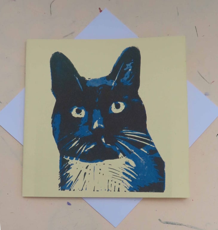Black Cat Art Greeting Card From Original Lino Cut Print Cream