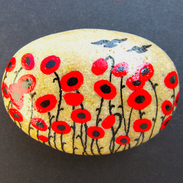 Poppies Painted on Stone, Sympathy Gift, Poppy Pebble Art, Remmbrance Rock 