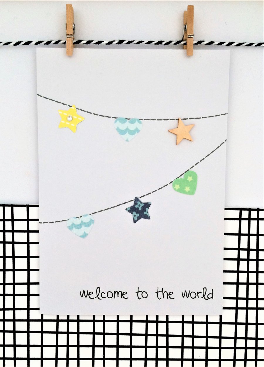 Baby Bunting Card - New Baby Boy - Handmade Card - Paper Bunting - Welcome to th