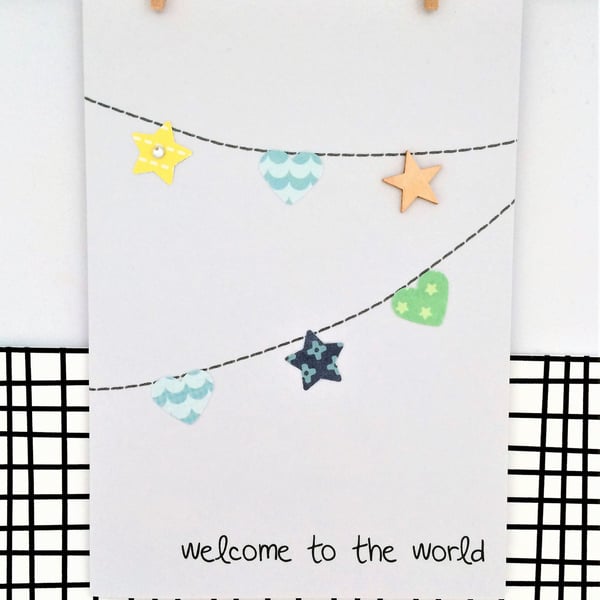 Baby Bunting Card - New Baby Boy - Handmade Card - Paper Bunting - Welcome to th