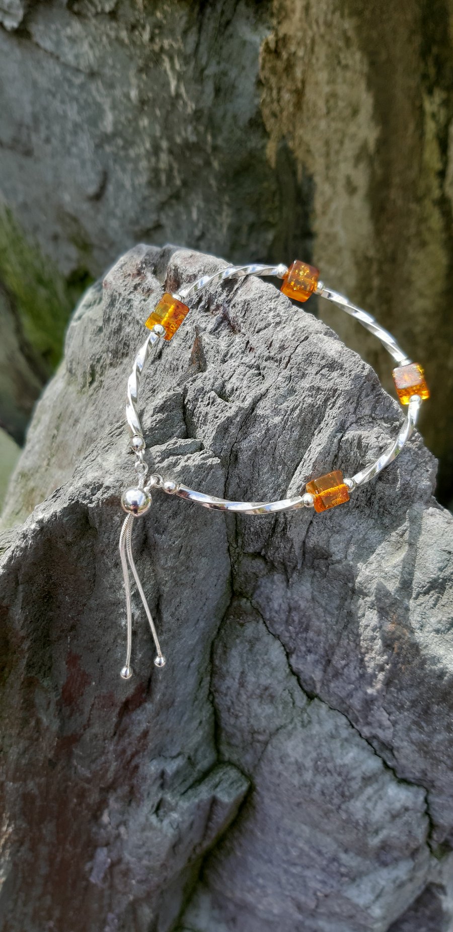 Sterling Silver and Baltic Amber Cube Adjustable Bracelet