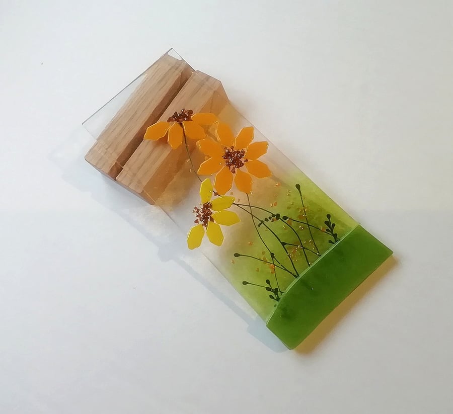 Hand Cut Fused Glass Sunflower Art - Oak Stand Home Decor