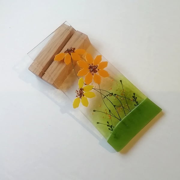 Hand Cut Fused Glass Sunflower Art - Oak Stand Home Decor