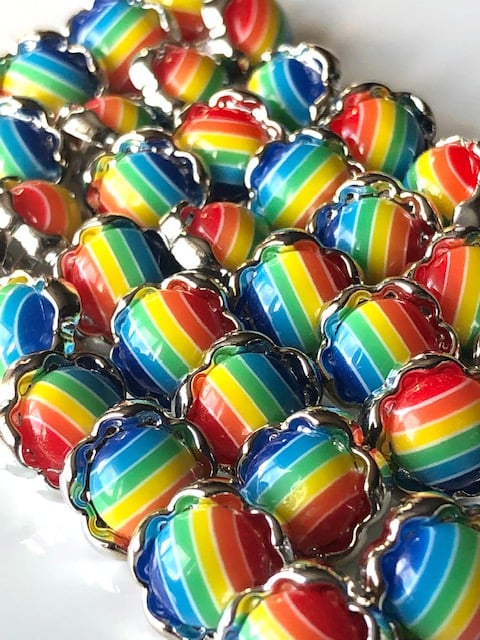 12 Rainbow Stripe Buttons, 11mm Wide, Metal Rim and Base, Shank Back