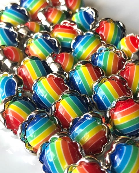 12 Rainbow Stripe Buttons, 11mm Wide, Metal Rim and Base, Shank Back