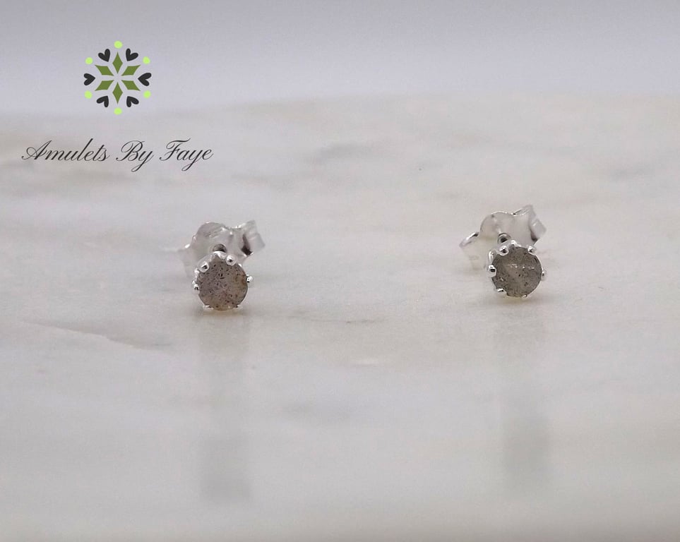 Labradorite Facet 3mm Gemstone 6 Prong Sterling Silver Stud Earrings.