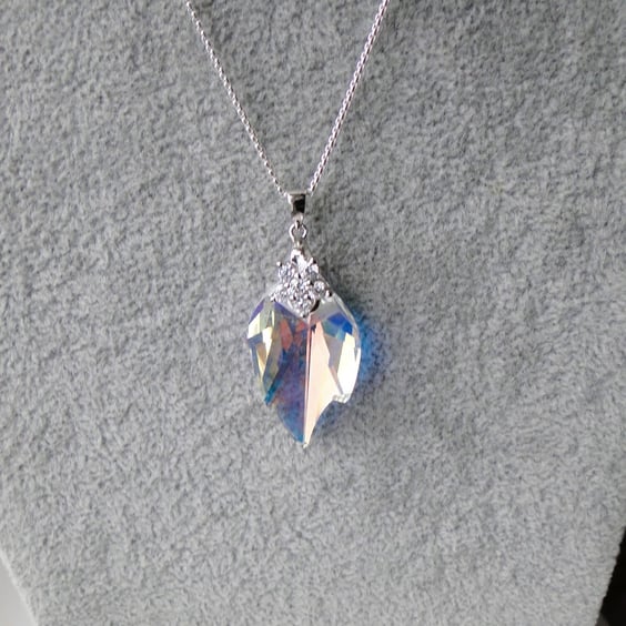 Crystal Leaf pendant  Flower bail  Silver chain  One off 