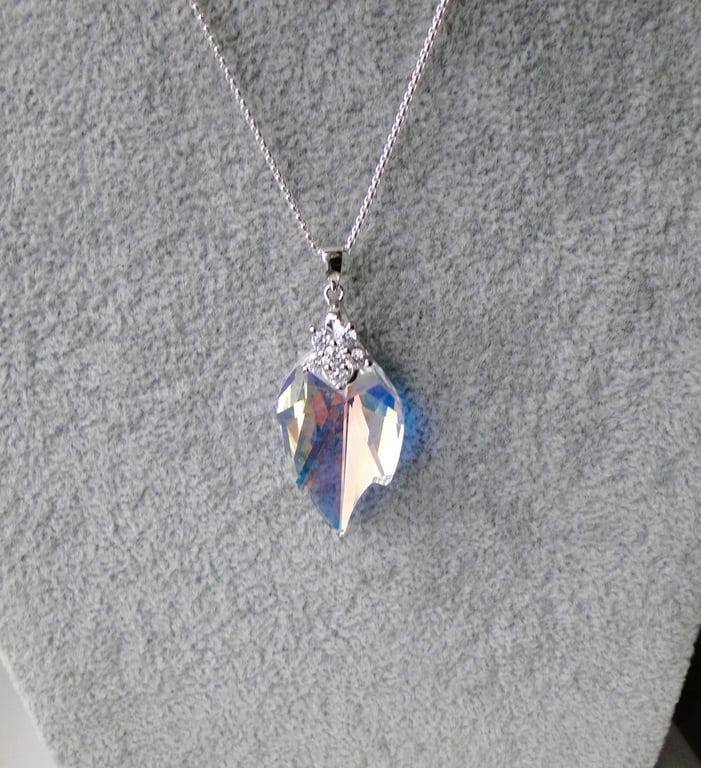 Crystal Leaf pendant  Flower bail  Silver chain  One off 