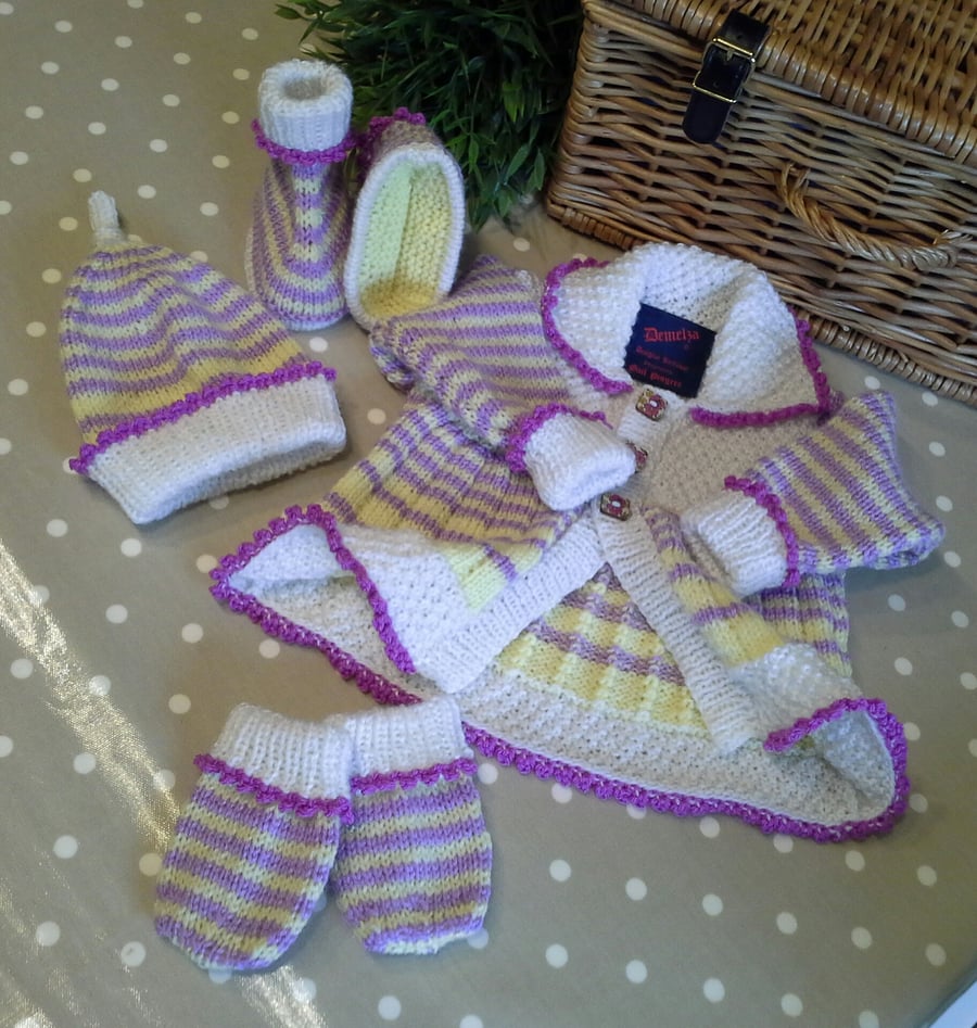 Baby Girl's Matinée Set with Natural fibre mix yarns  0-6 mths (HELP A CHARITY)