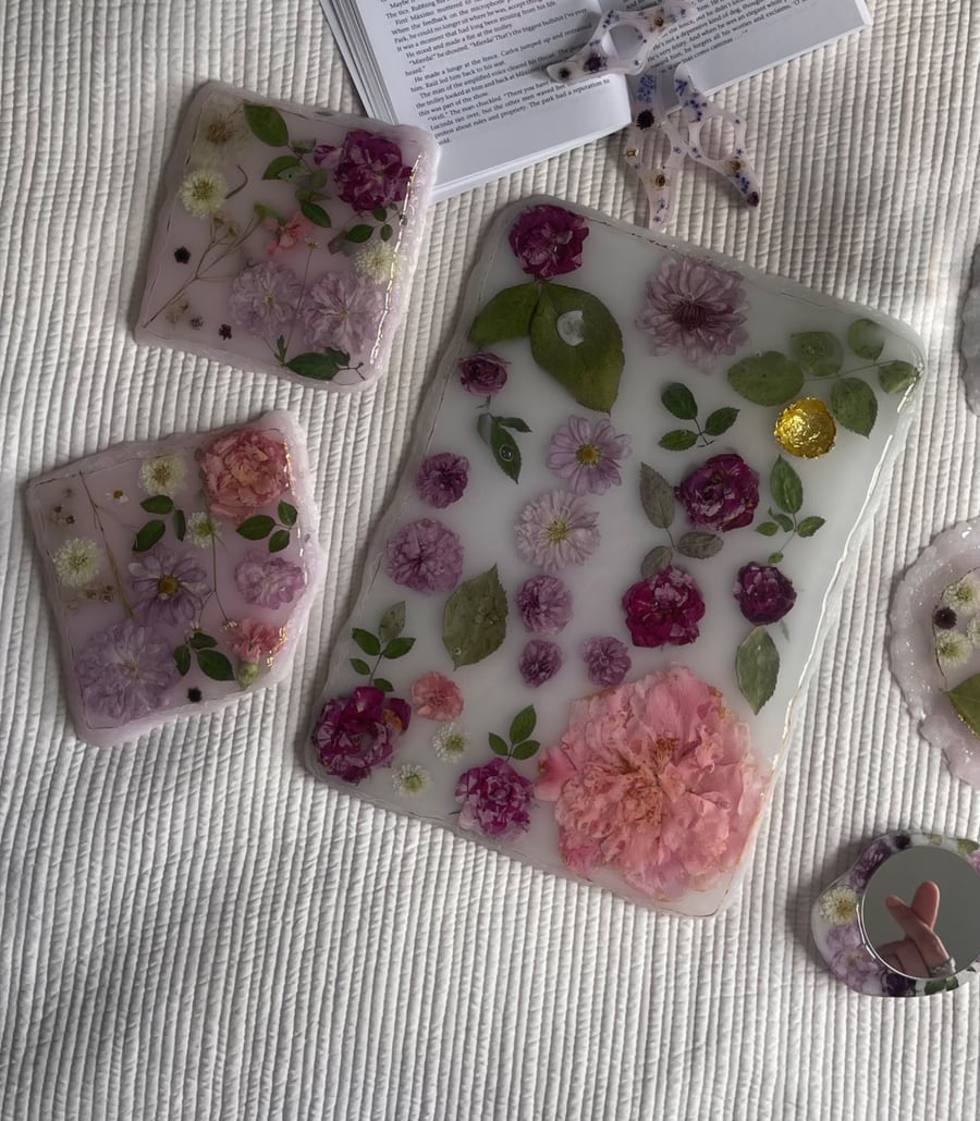 Handmade Resin Tray Set Pink Floral Design with Gold Detail and Coasters