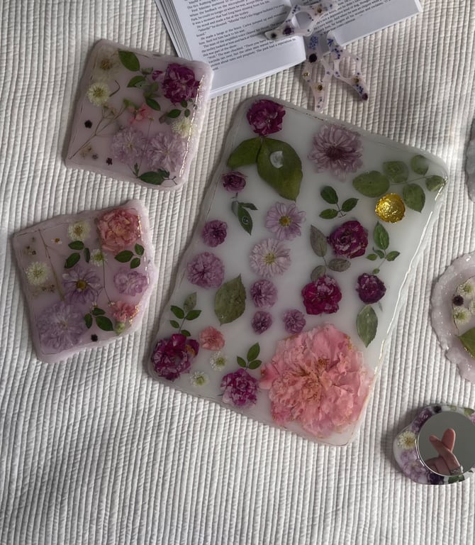 Handmade Resin Tray Set Pink Floral Design with Gold Detail and Coasters