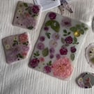 Handmade Resin Tray Set Pink Floral Design with Gold Detail and Coasters