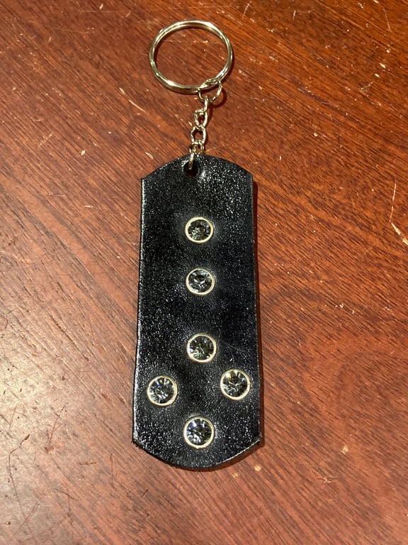 Black dyed Leather Keyring with 6 black-grey coloured Gemstones  FREE SHIPPING