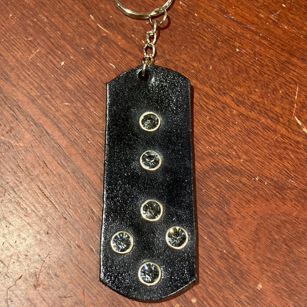 Black dyed Leather Keyring with 6 black-grey coloured Gemstones  FREE SHIPPING