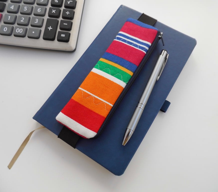 Elasticated pencil case for cover of book diary journal bright multi stripes
