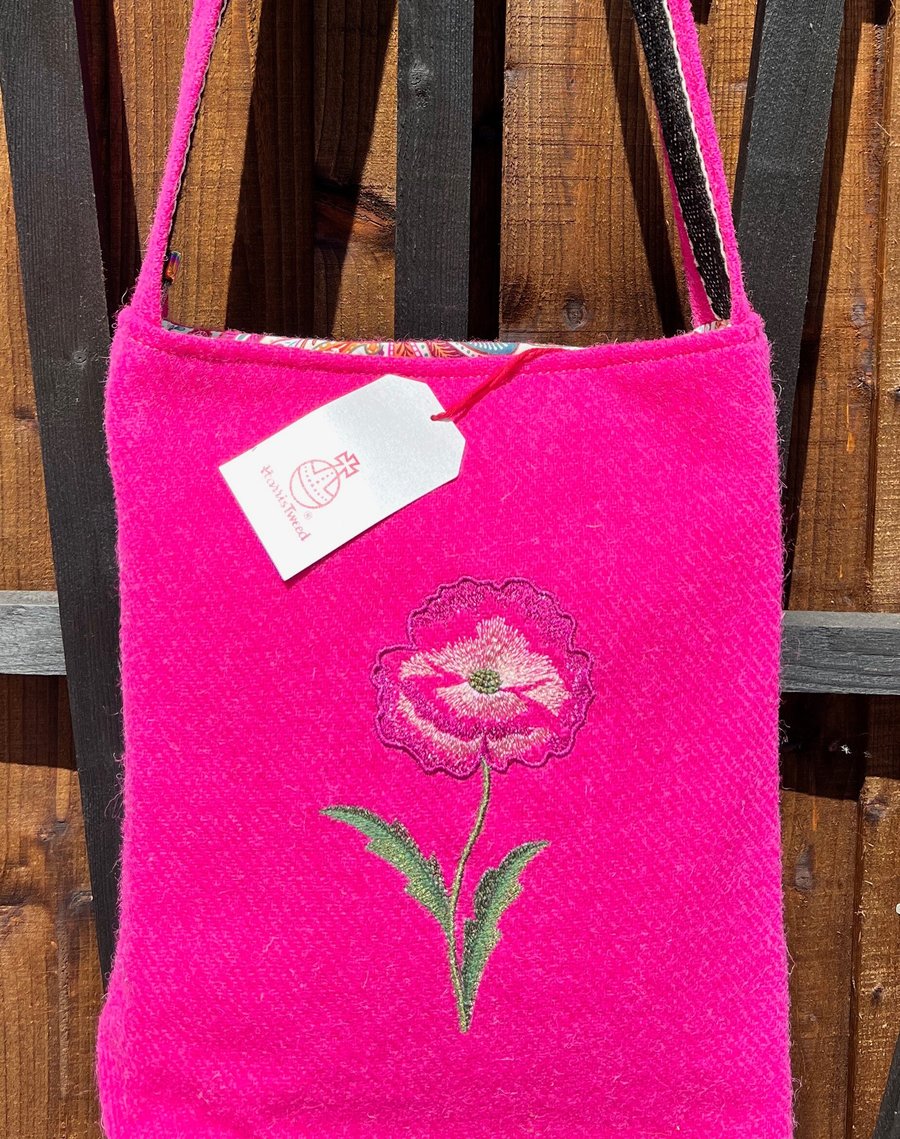 The Poppy Bag - Cerise Pink Harris Tweed Embroidered Shoulder or Crossbody Bag -