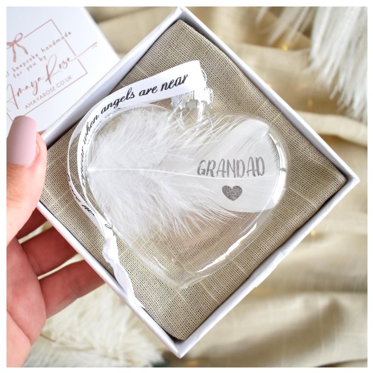 Grandad Memorial Feather Bauble, In Memory of Grandad, Heart Glass Christmas Orn