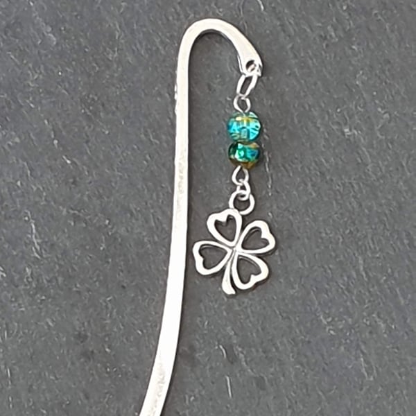 Silver-Plated Bookmark with Drizzle Glass Beads and a Four-Leaf Clover Charm