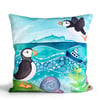 Puffin Cushion Cover - Cute Seaside Art. Nautical Coastal Living Room Decor