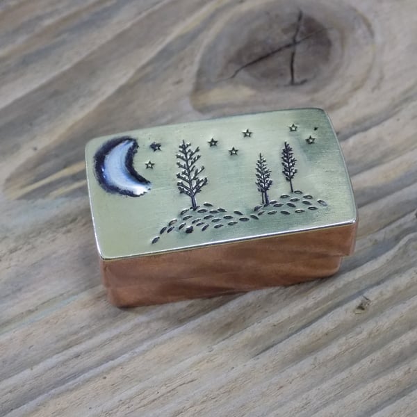 Copper, brass and silver 'tree and moon' trinket box (oblong)