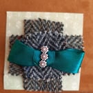 Handmade tweed brooch with green ribbon and star buttons 