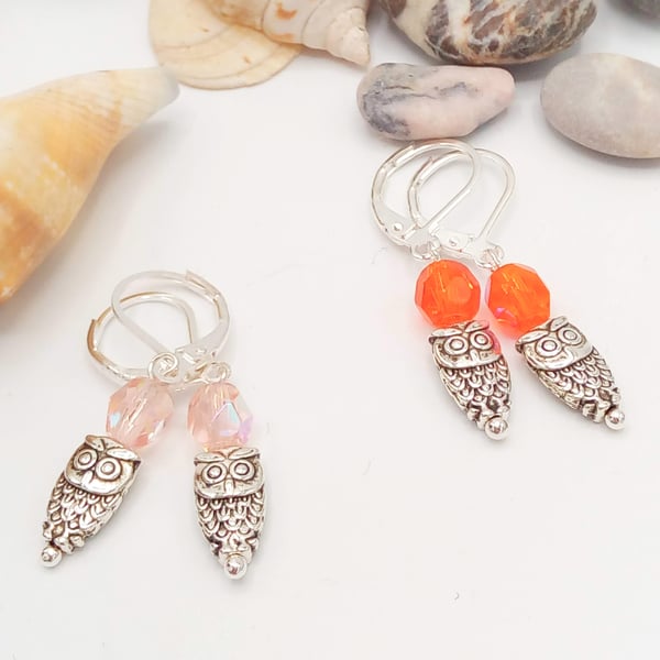 Owl Charm and Glass Crystal Lever Back Earrings, Ladies Earrings, Colour Choice