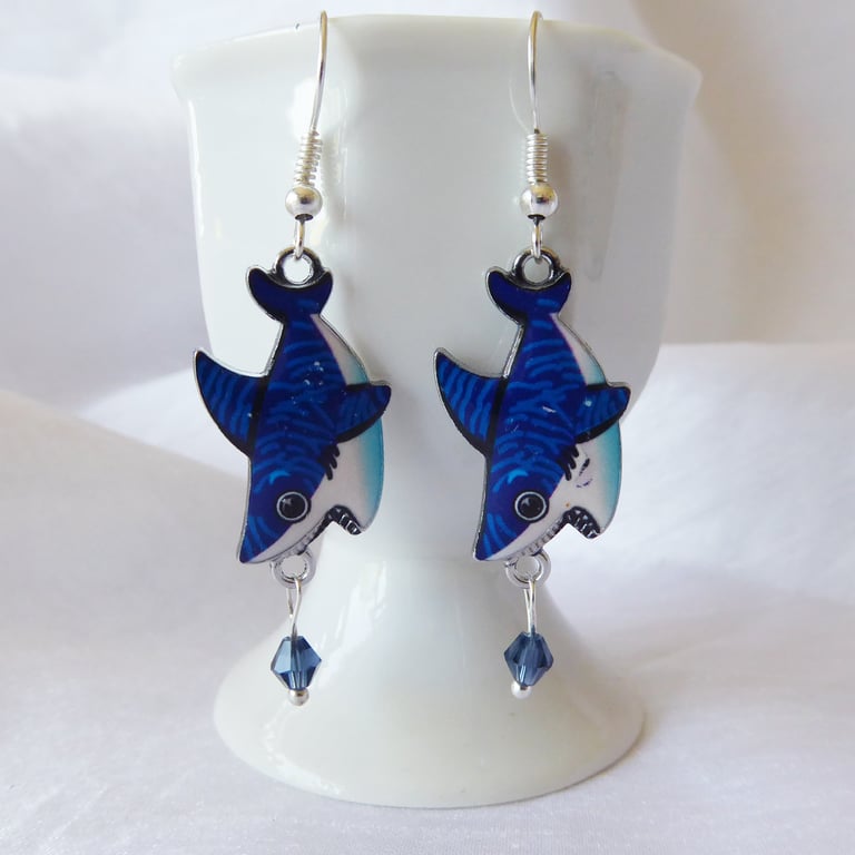 Whimsical Blue Shark Earrings with Silver plated ear wires