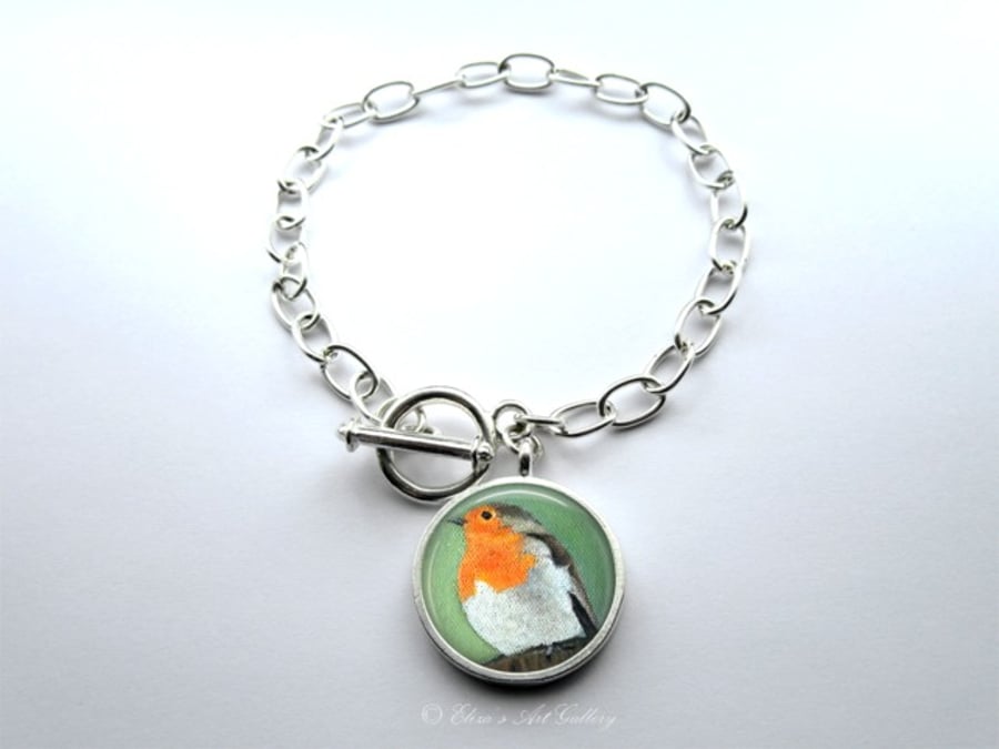 Silver Plated Robin Bird Art Large Link Charm Bracelet With Toggle