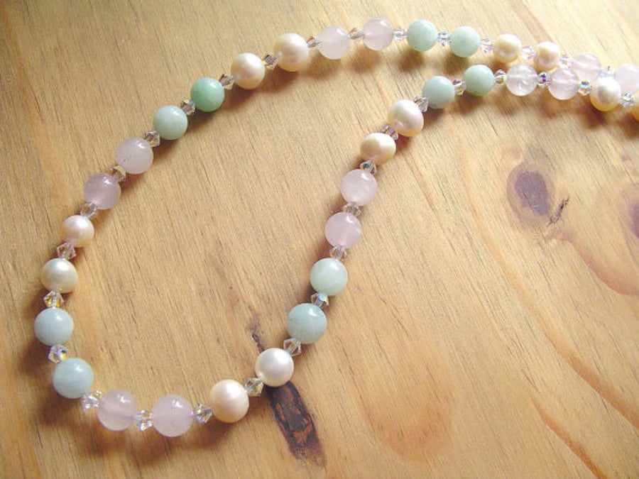 Rose Quartz, Amazonite, Swarovski crystals and Ivory freshwater pearl necklace