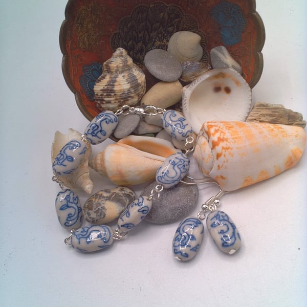 Bracelet and Earrings with Blue Patterned White Ceramic Beads, Gift for Her