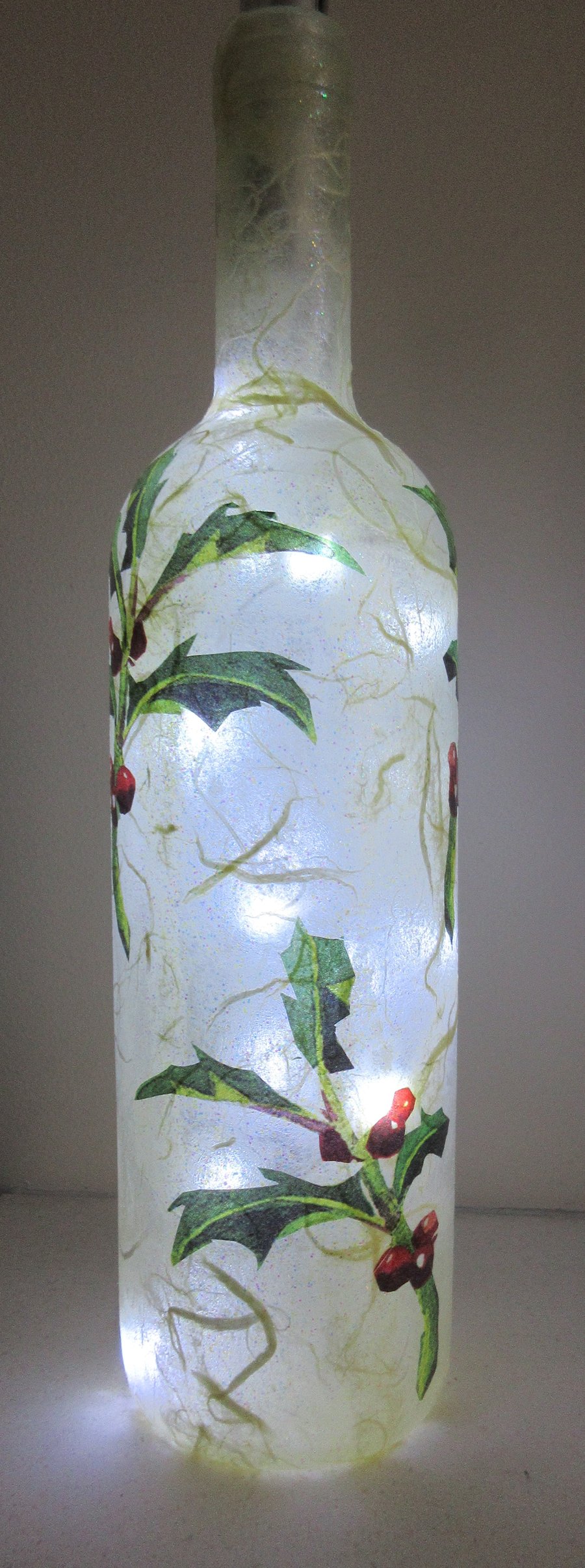 SOLD - Bottle with Emma Bridgewater Holly tissue decoupage - vase or lights