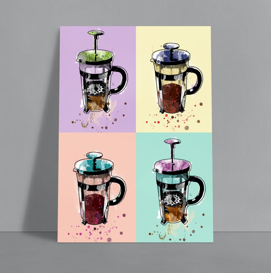 Pop art French Press Coffee 4 Panel Print, Cafetiere Artwork 