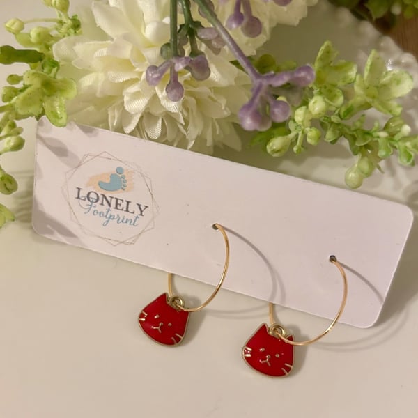 Red Enamel Cat Hoop Earrings, Charm Earrings, Handmade Jewellery 