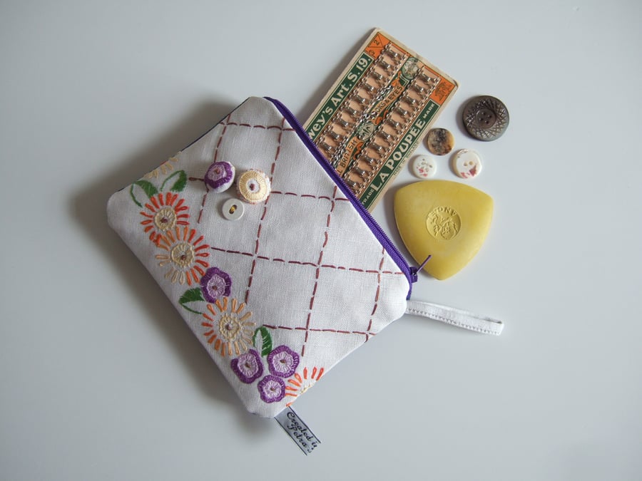 Make up bag, coin purse or zip up purse, made from vintage embroidery.