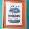 I Love Biscuits print by Jo Brown cornishware TG Green inspired print
