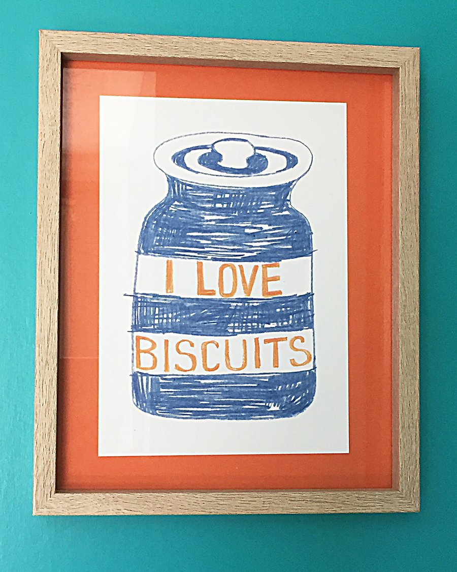 I Love Biscuits print by Jo Brown cornishware TG Green inspired print