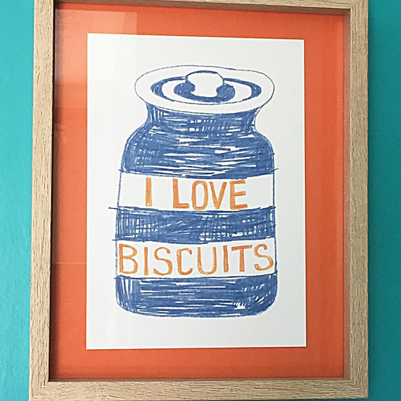 I Love Biscuits print by Jo Brown cornishware TG Green inspired print