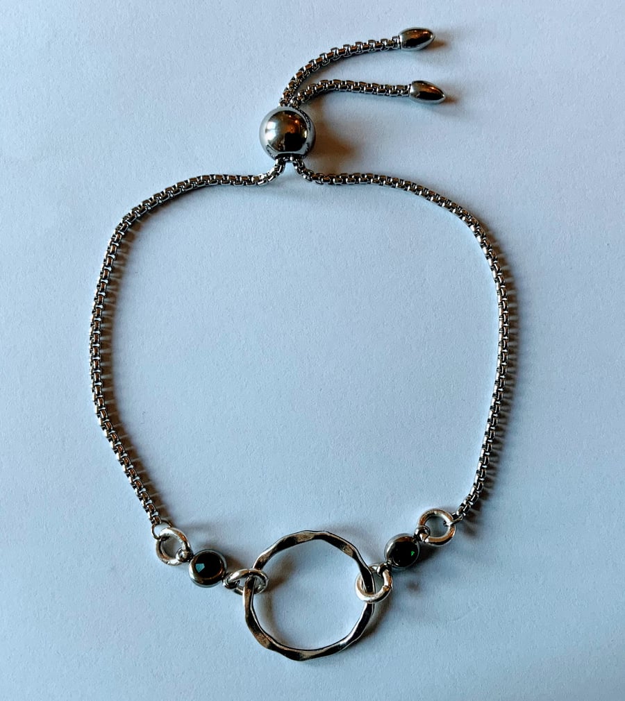 Hammered Metal Circle Charm Stainless Steel Slider Bracelet 
